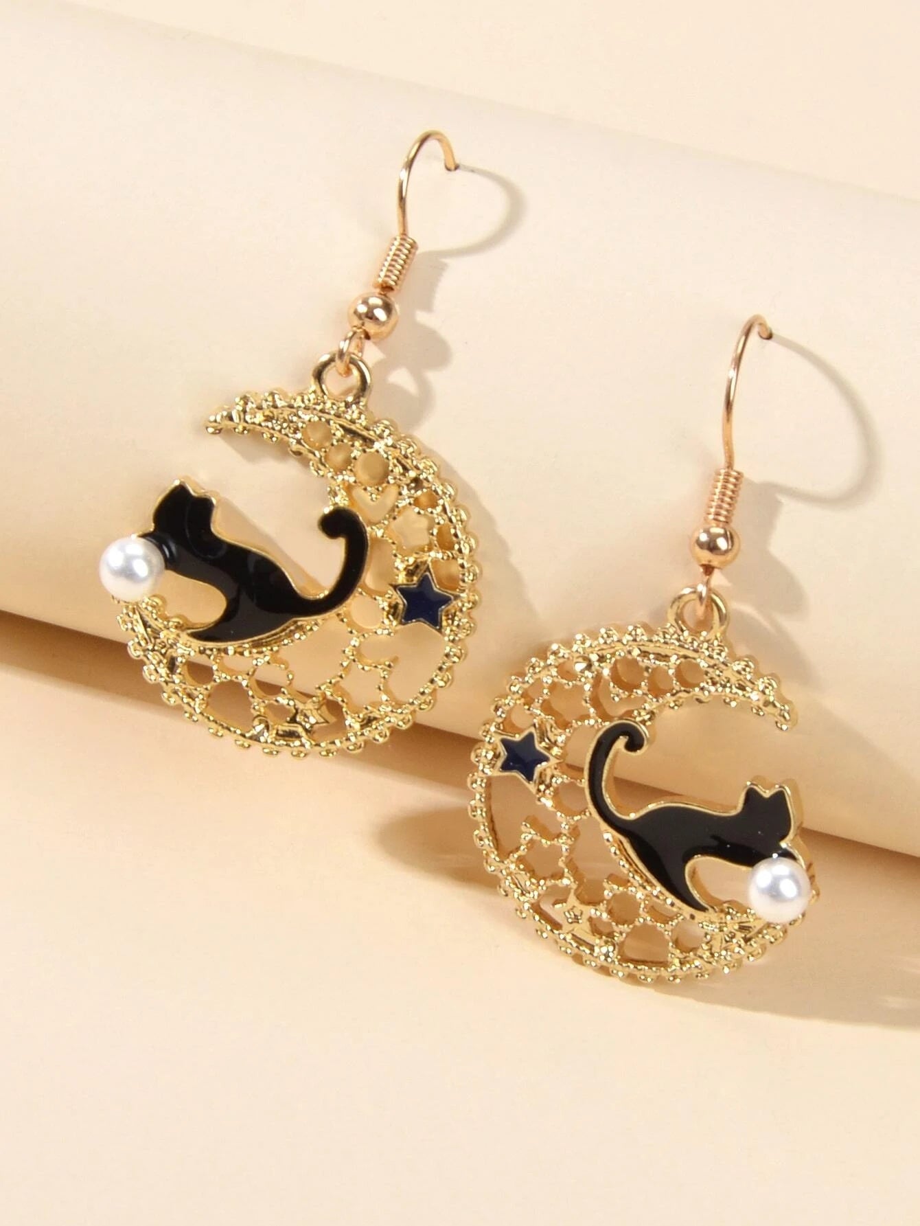 AU Stock Hollow out Lovely Black Enamel Cat Star Moon Drop Dangle Gold Earrings-1