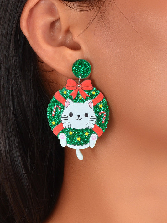 Christmas Green Acrylic GarlandCat Dangle Earrings
