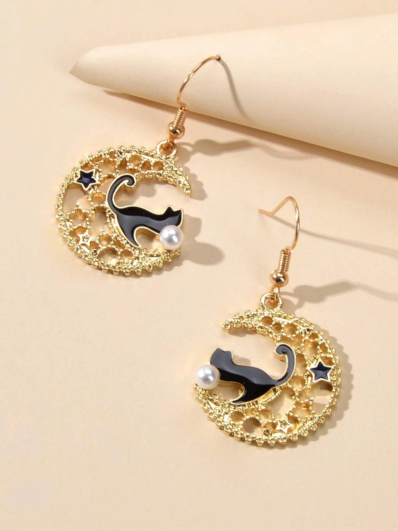 AU Stock Hollow out Lovely Black Enamel Cat Star Moon Drop Dangle Gold Earrings-2