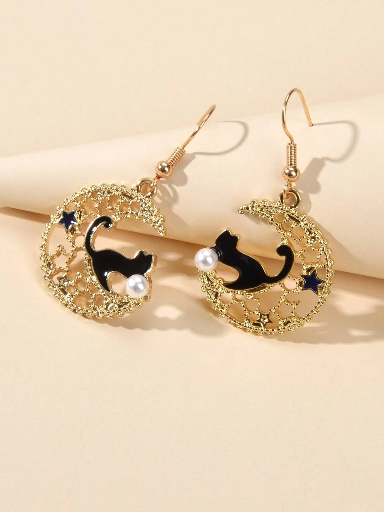 AU Stock Hollow out Lovely Black Enamel Cat Star Moon Drop Dangle Gold Earrings-3