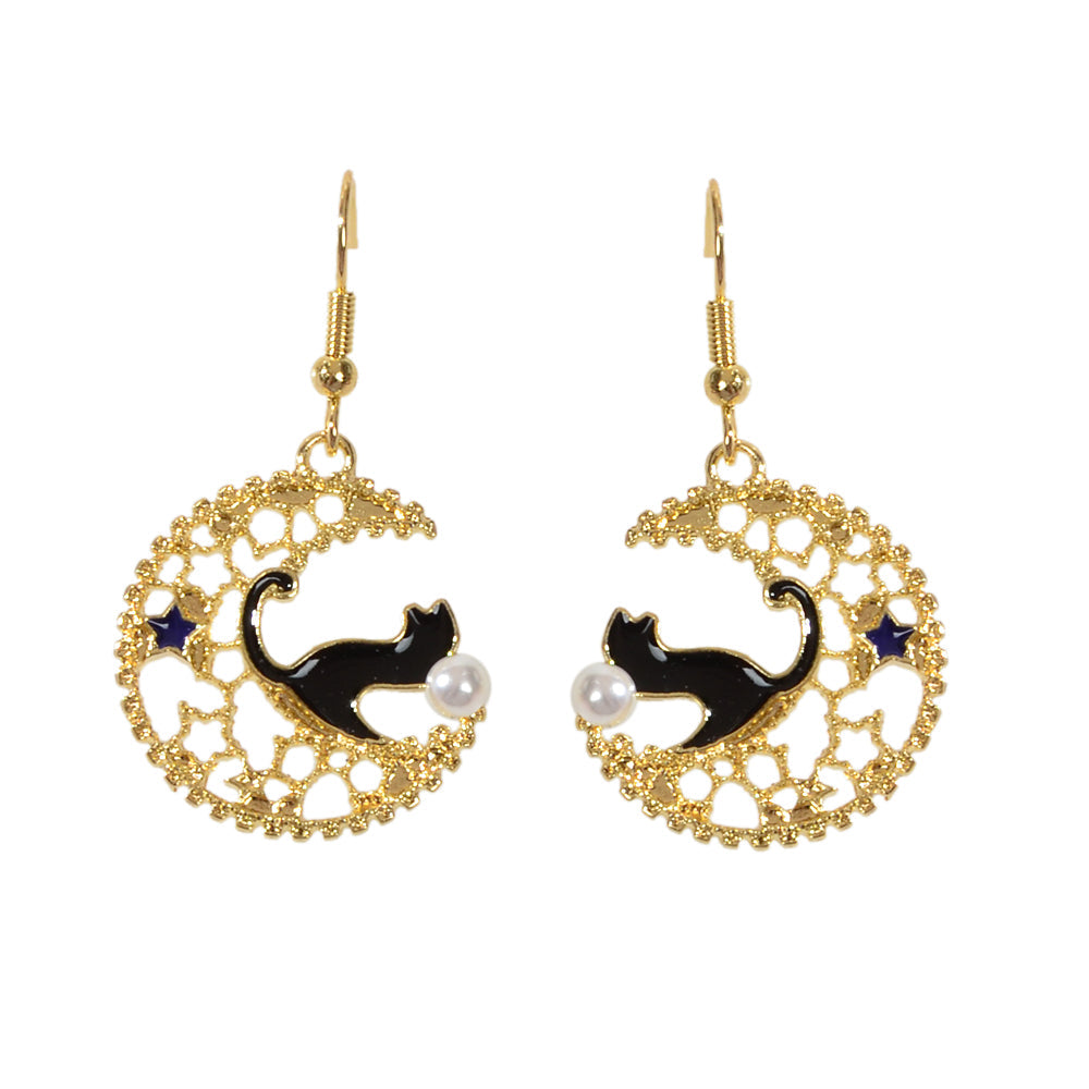 AU Stock Hollow out Lovely Black Enamel Cat Star Moon Drop Dangle Gold Earrings-4