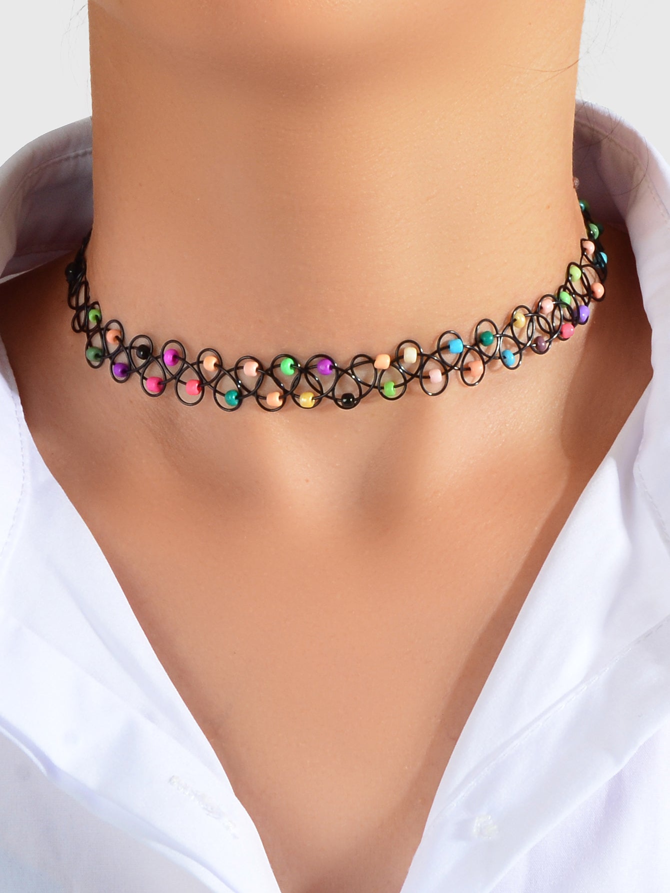 Gothic Colorful Seed Beads Black Rope Elastic Necklace Tattoo Choker Teen Collar-0