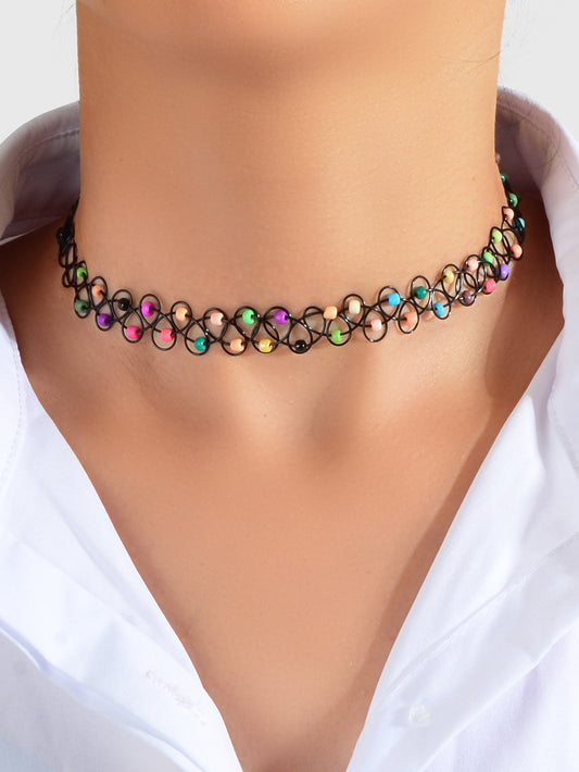 Gothic Colorful Seed Beads Black Rope Elastic Necklace Tattoo Choker Teen Collar-0