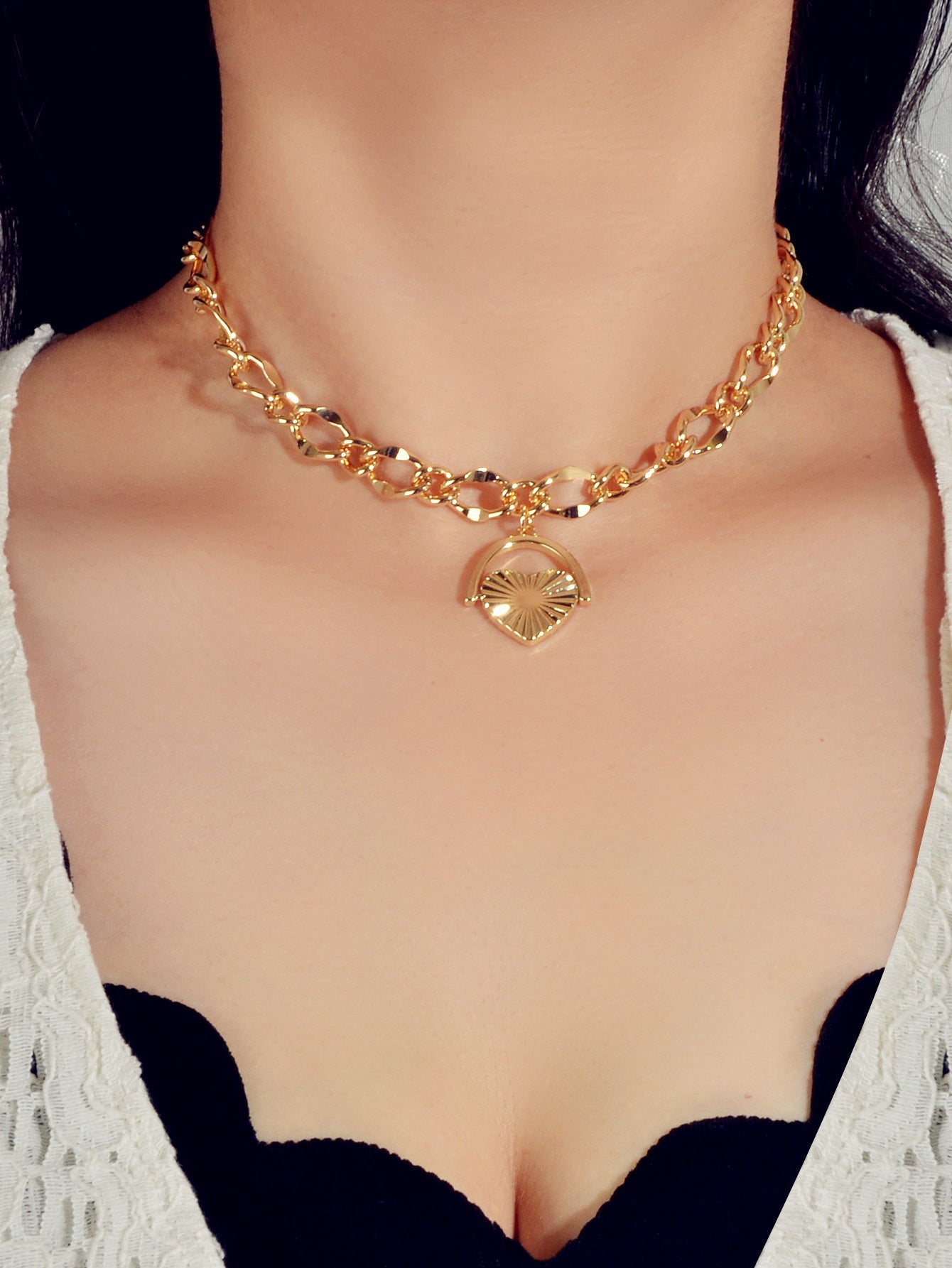 Thick Gold Chain Heart Statement Necklace-0