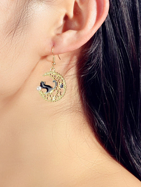 AU Stock Hollow out Lovely Black Enamel Cat Star Moon Drop Dangle Gold Earrings-0