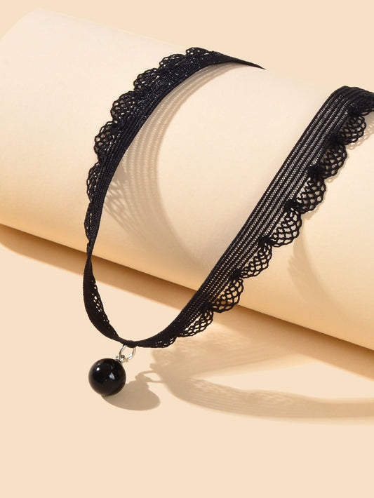 Classic Black Velvet Choker Round Charm Necklace