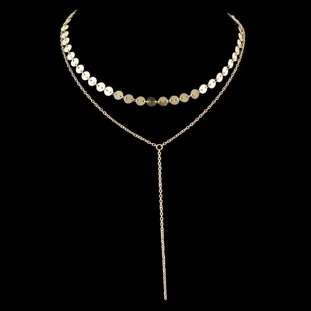 Gold Silver Double layer Round Disc Fringe Chain Necklace Tassel Collar Gift-0