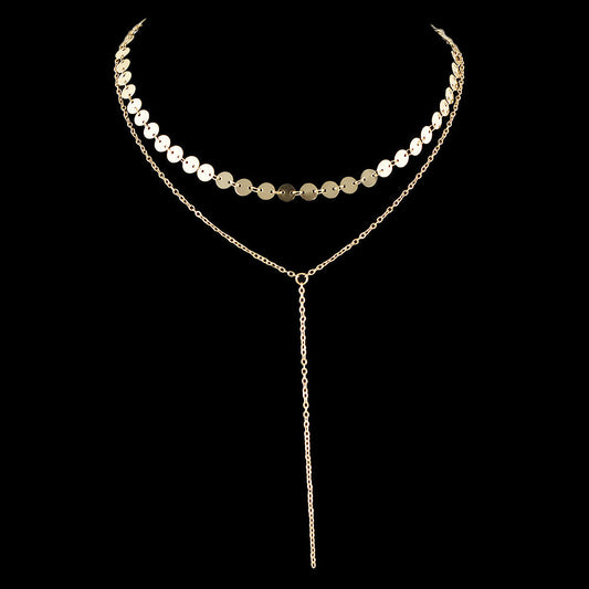 Gold Silver Double layer Round Disc Fringe Chain Necklace Tassel Collar Gift-0