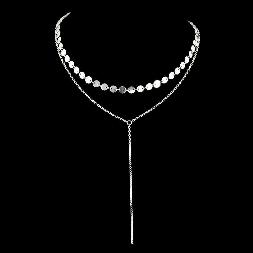 Gold Silver Double layer Round Disc Fringe Chain Necklace Tassel Collar Gift-5