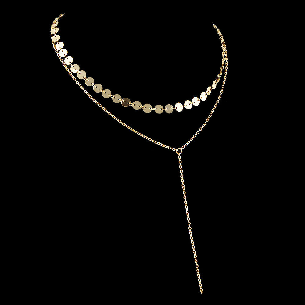 Gold Silver Double layer Round Disc Fringe Chain Necklace Tassel Collar Gift-1