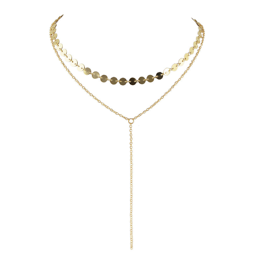 Gold Silver Double layer Round Disc Fringe Chain Necklace Tassel Collar Gift-3